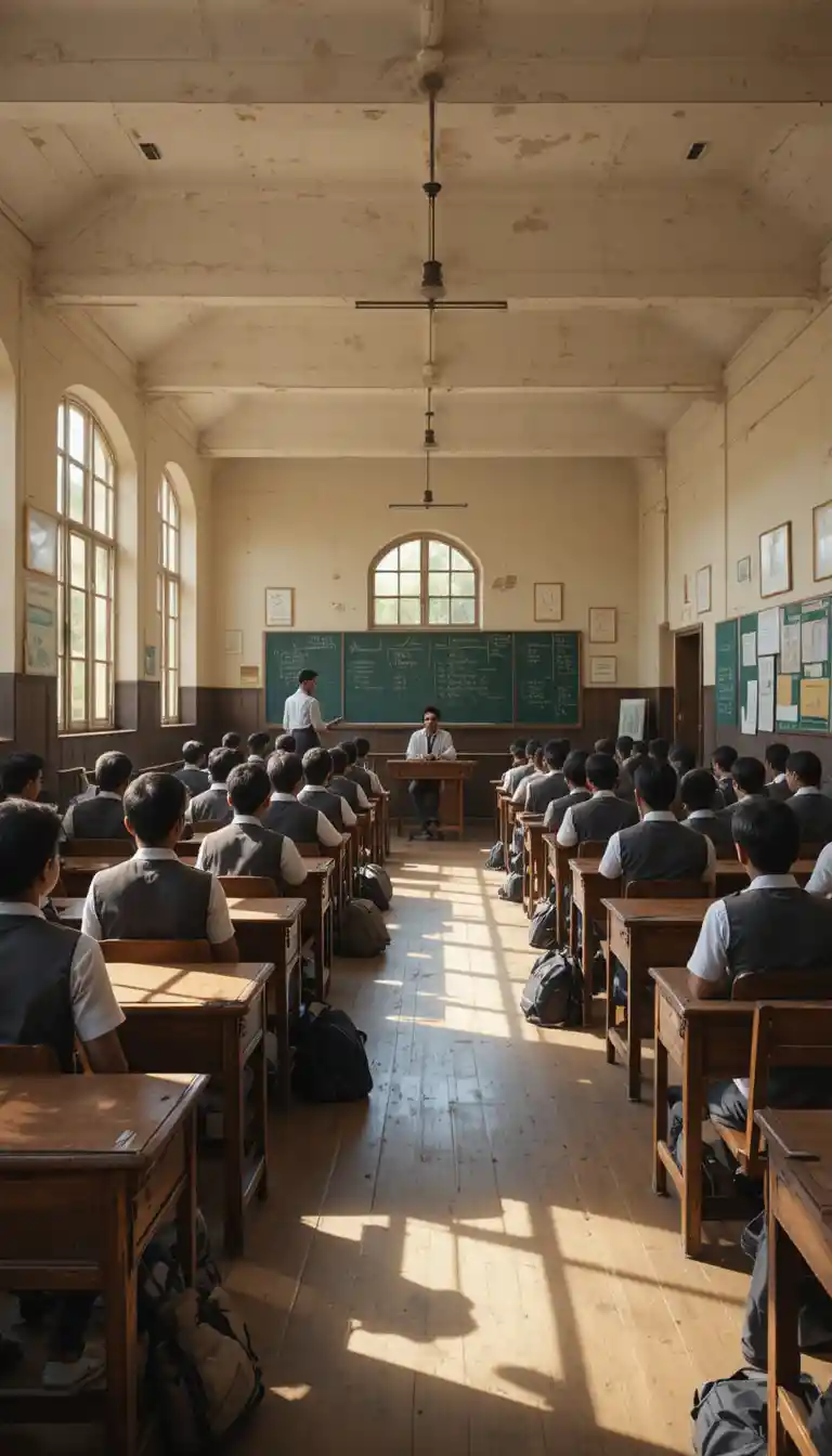 Indian school classroom with students seated at wooden desks