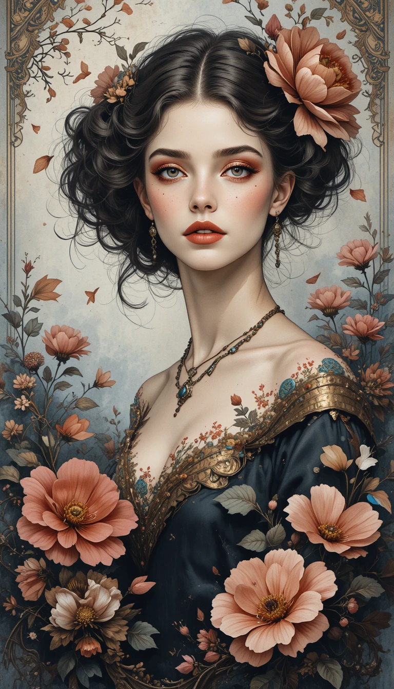 Retrato vintage en acuarela de una mujer con flores ornamentadas