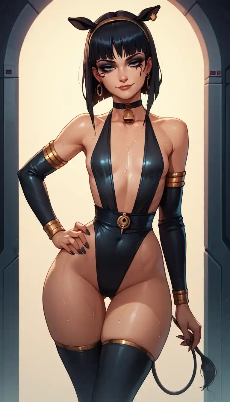 Anime girl in Egyptian style cow cosplay bending forward
