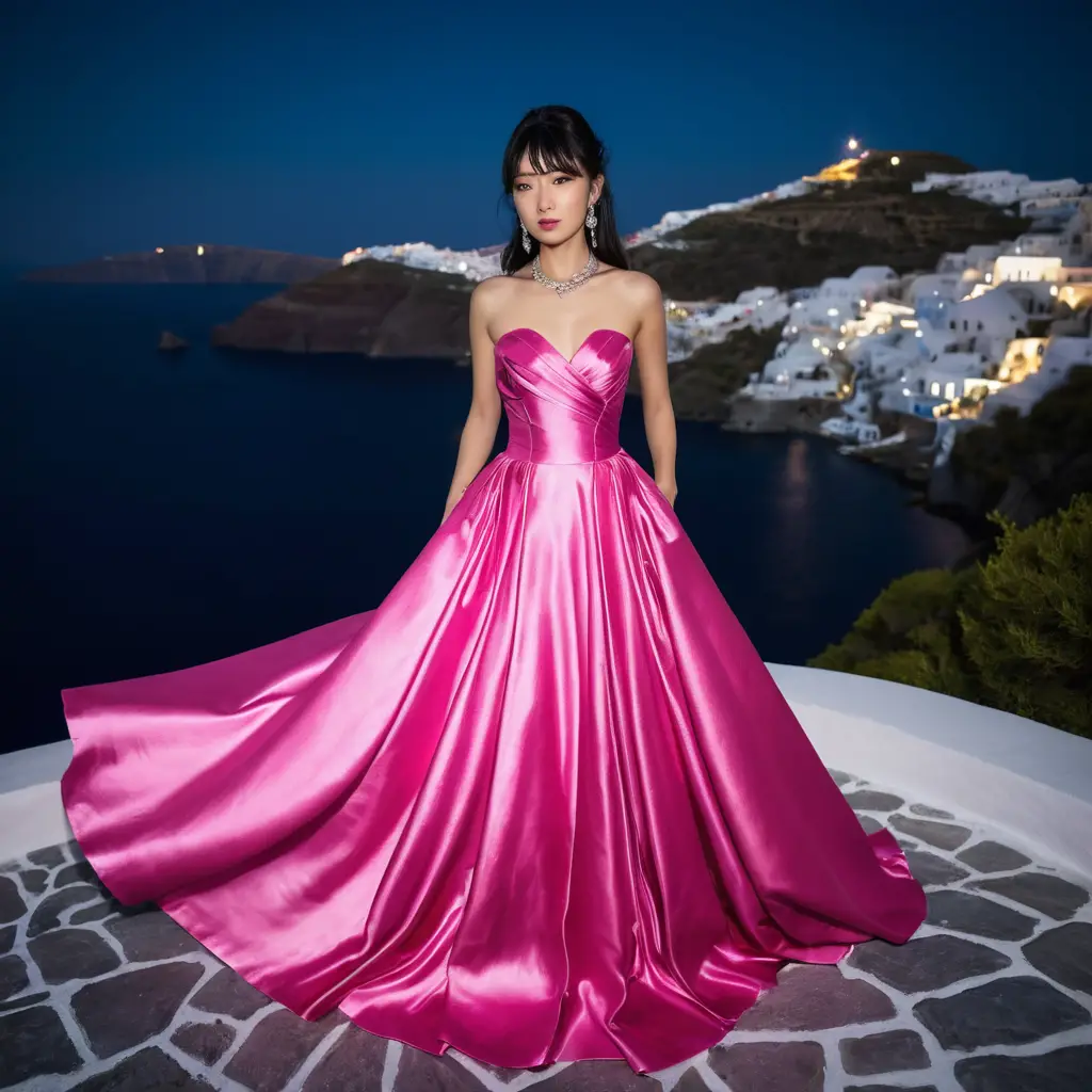 Joven con vestido de satén rosa de noche en Santorini