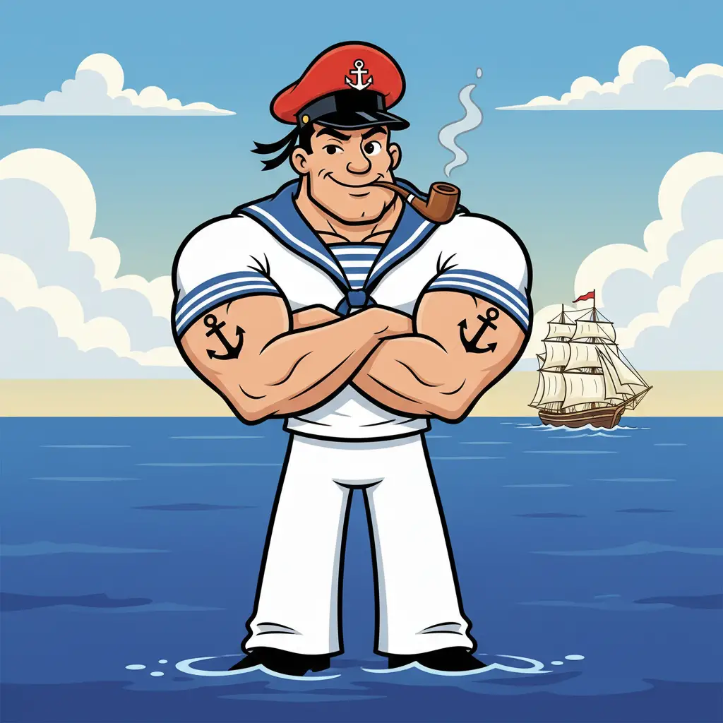 Muscular cartoon sailor smoking a pipe by the blue ocean