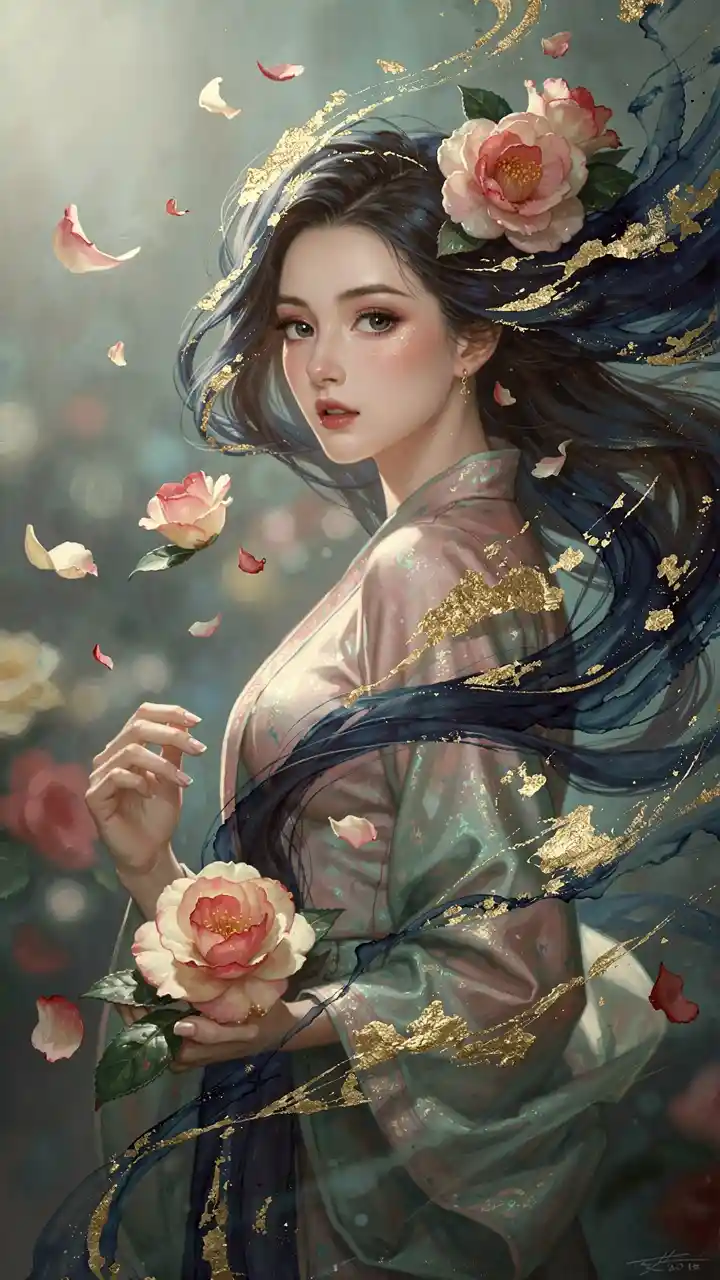 Oriental woman with camellia petals in dreamy abstract glow