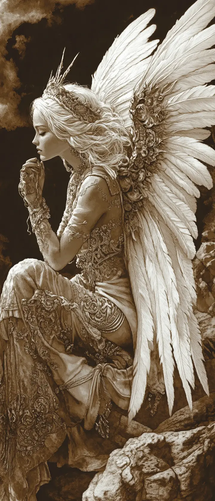 Angel with white hair on a celestial mount olympus cliff