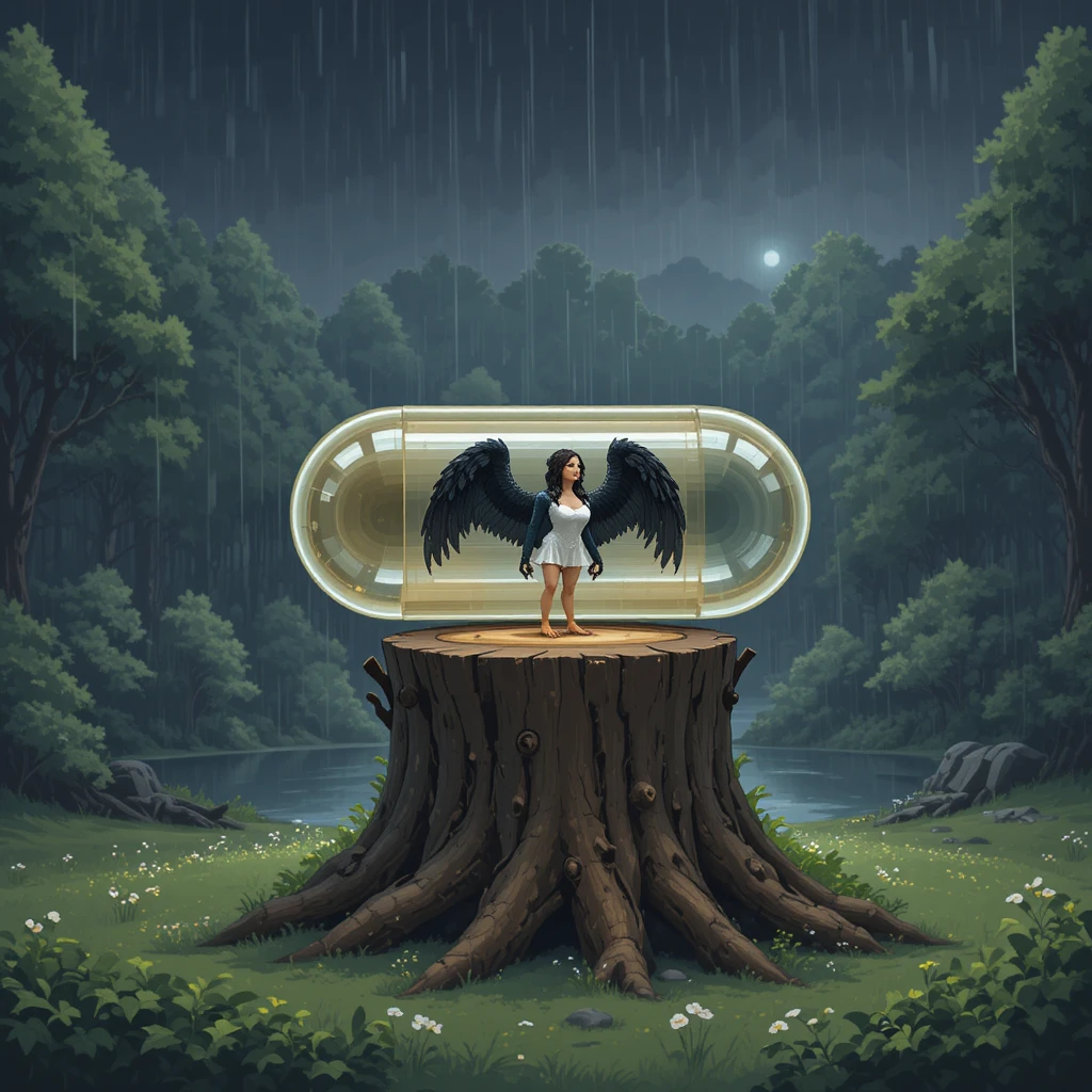 Pixel forest at night with a harpy in a capsule