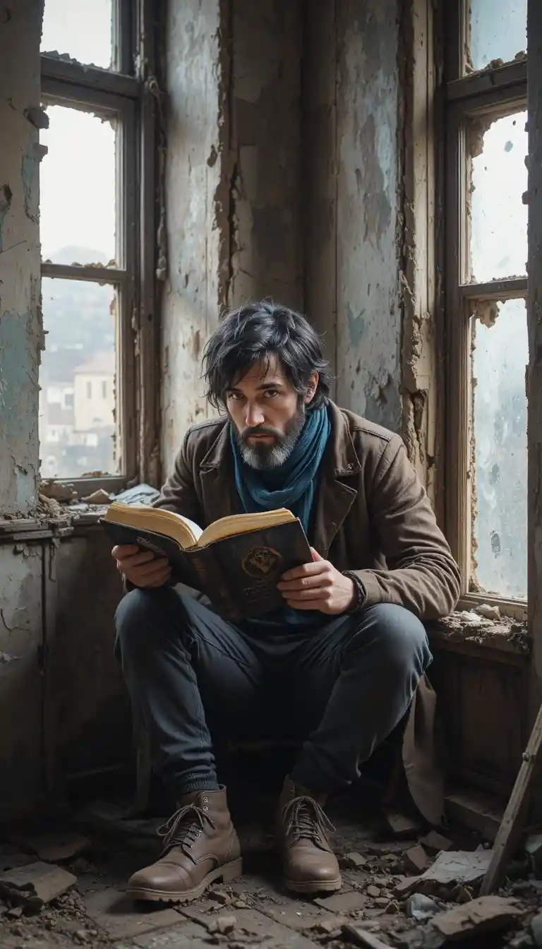 Man reading by a broken window in an abandoned room