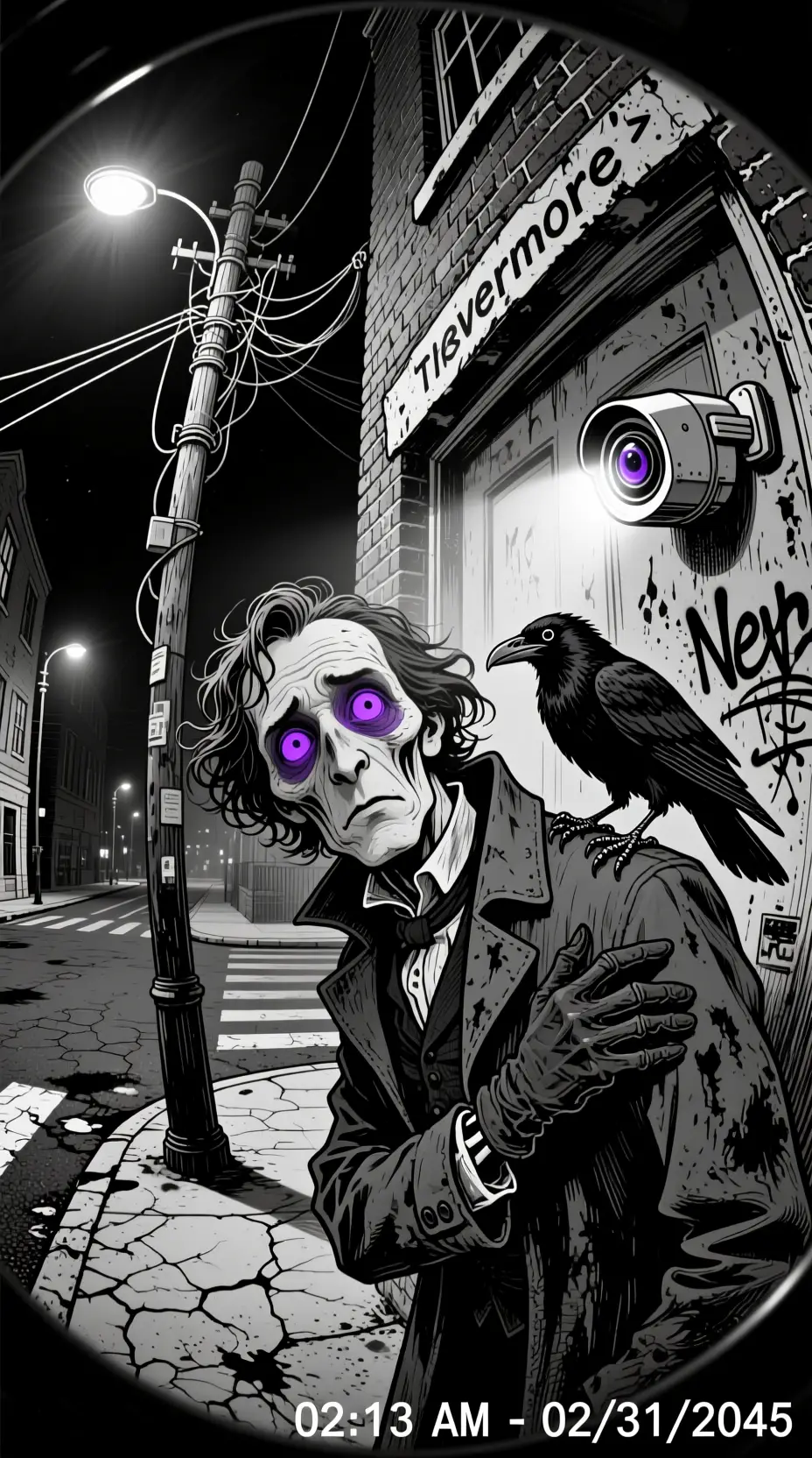 Black And White Surveillance Portrait Of Man At Street Corner