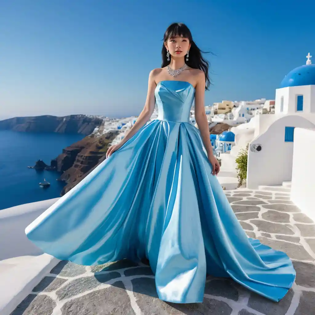 Garota elegante em vestido de cetim azul na brisa de Santorini