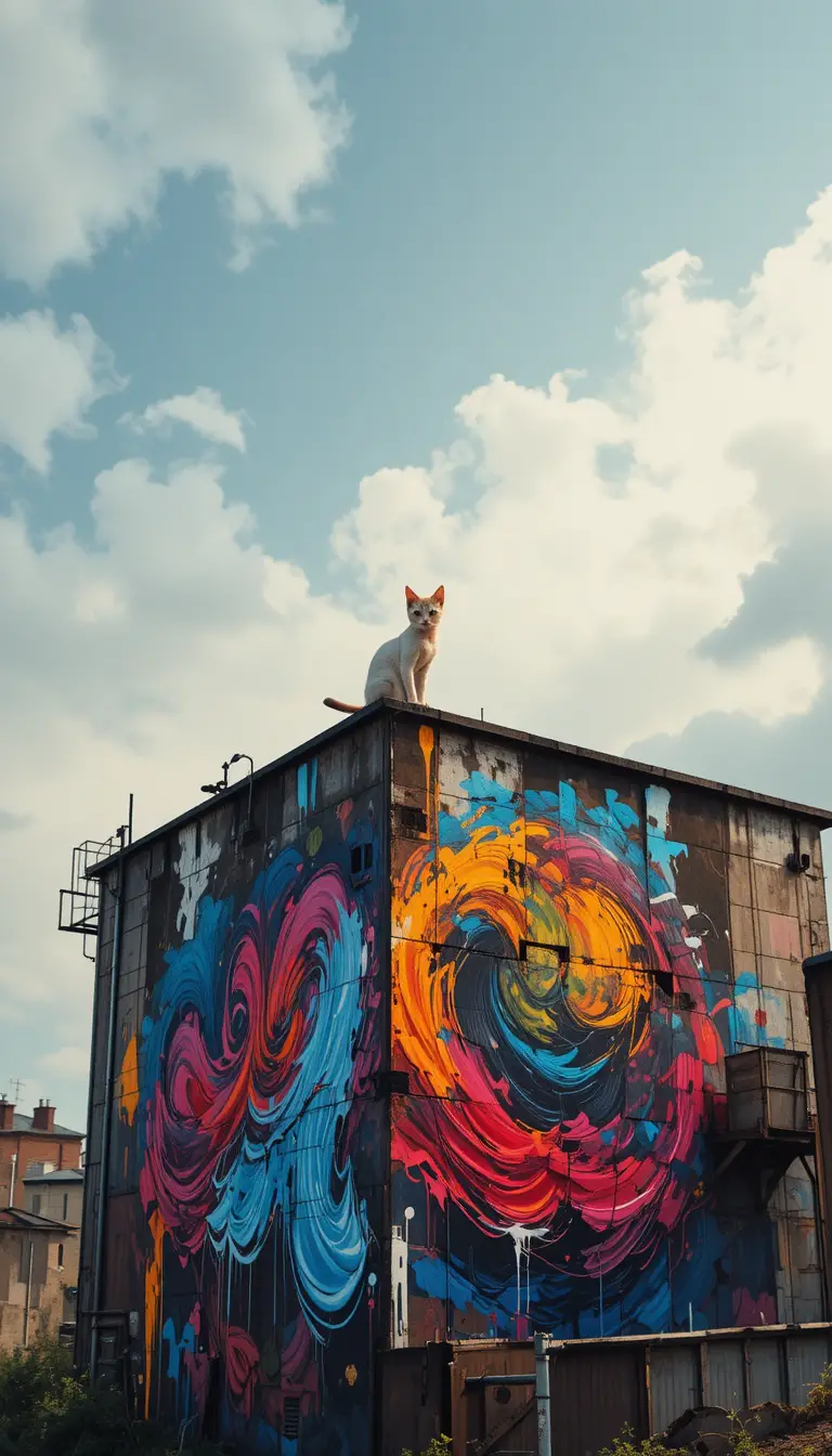 Lost kitten on colorful graffiti wall of abandoned building