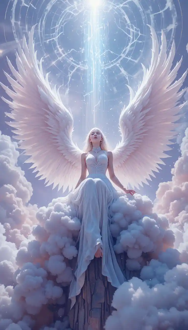 Angelic woman with glowing wings above luminous clouds