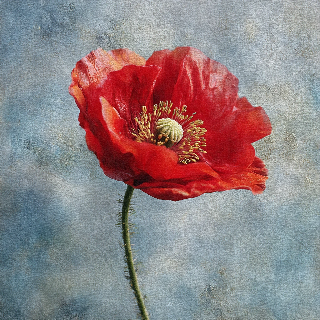Red poppy watercolor on textured silver abstract background