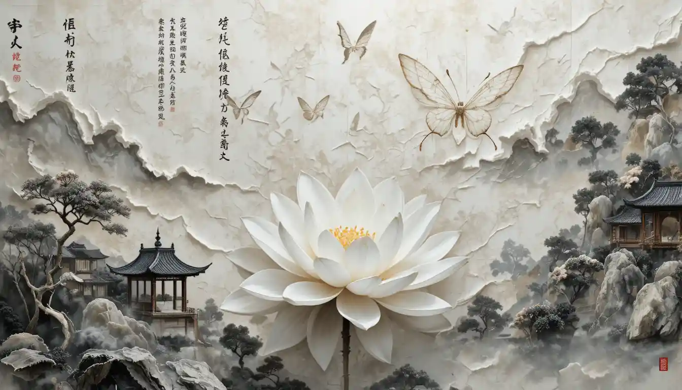 Minimalist white lotus with butterfly over abstract manuscript