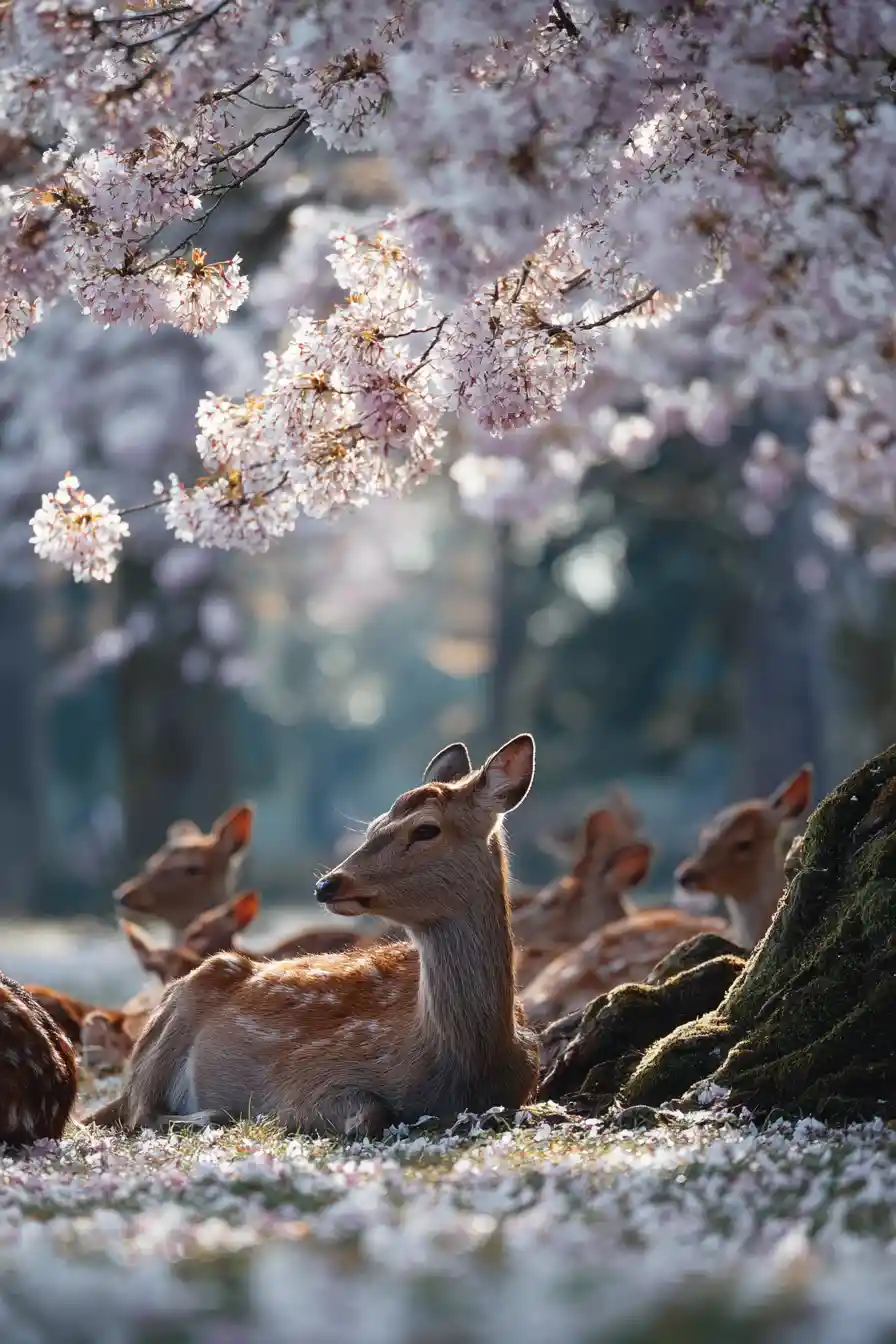 Sika deer resting under spring cherry blossoms in Nara park