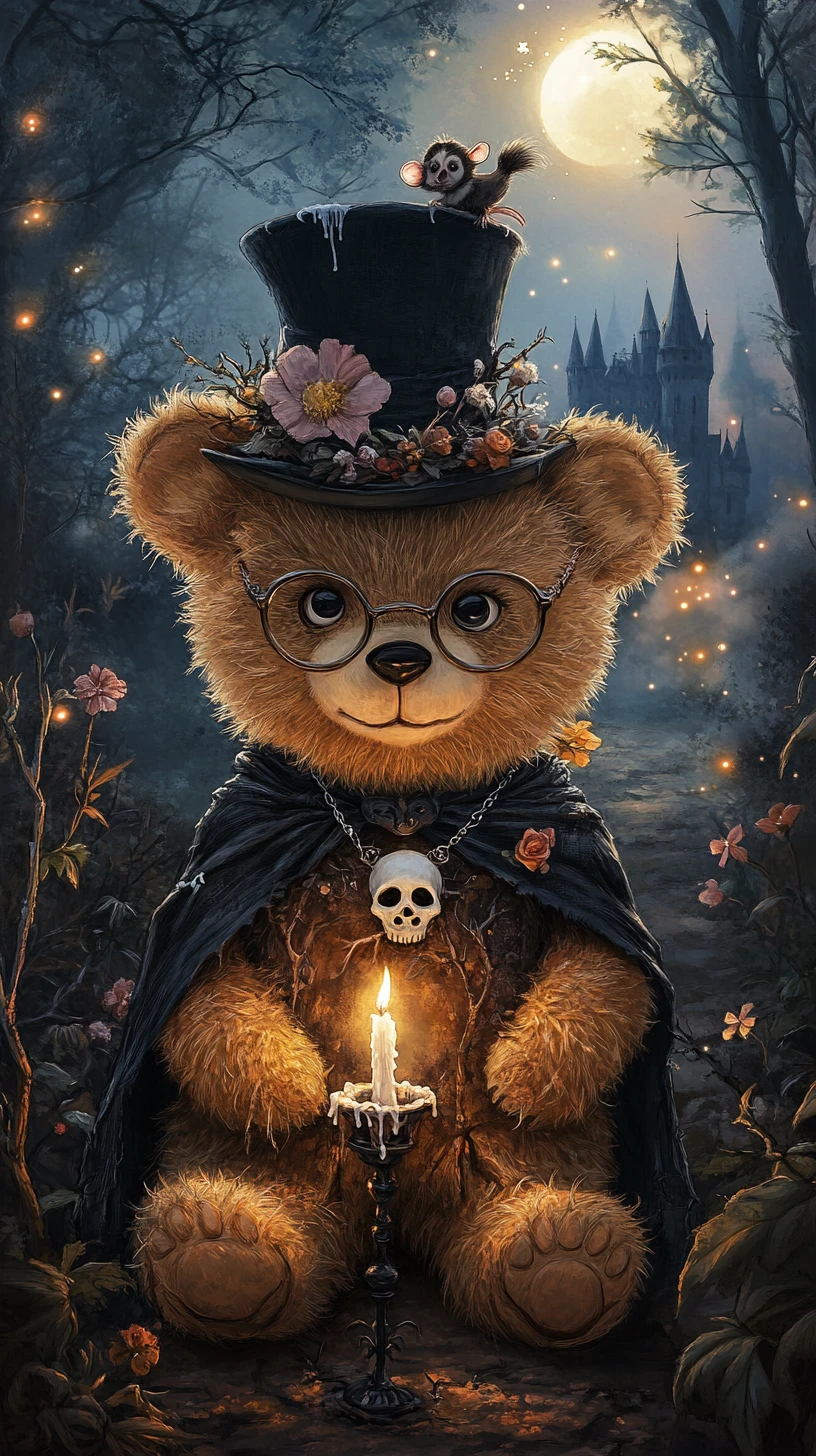 Gothic teddy bear with candle in a dark forest