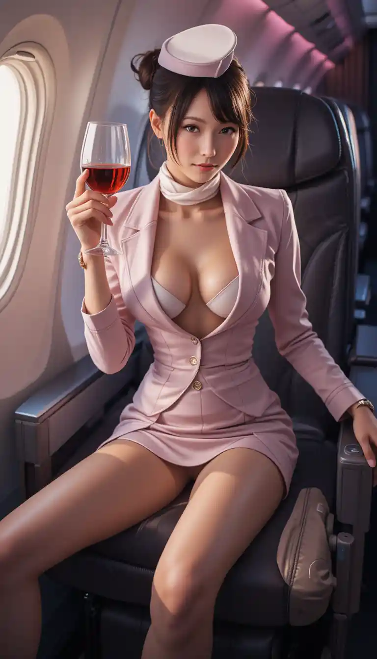 Assistente di volo elegante seduta con un bicchiere di vino nella cabina dell’aereo