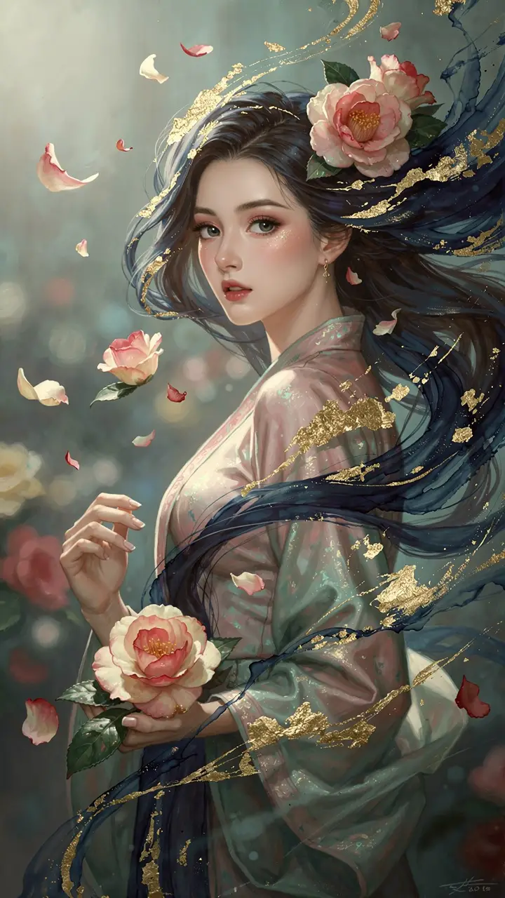 夢幻光影中散落山茶花瓣的東方女子