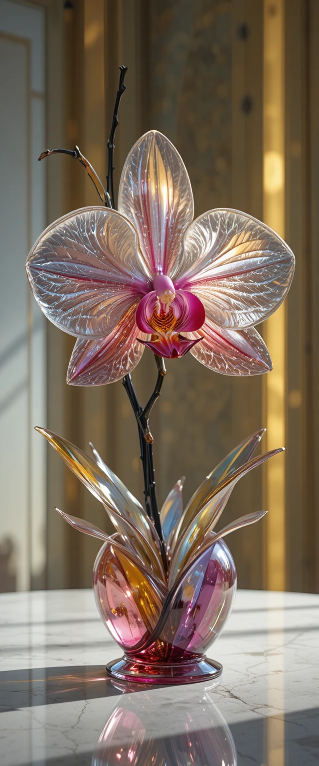 Orchidea in vetro veneziano in un’elegante composizione di natura morta
