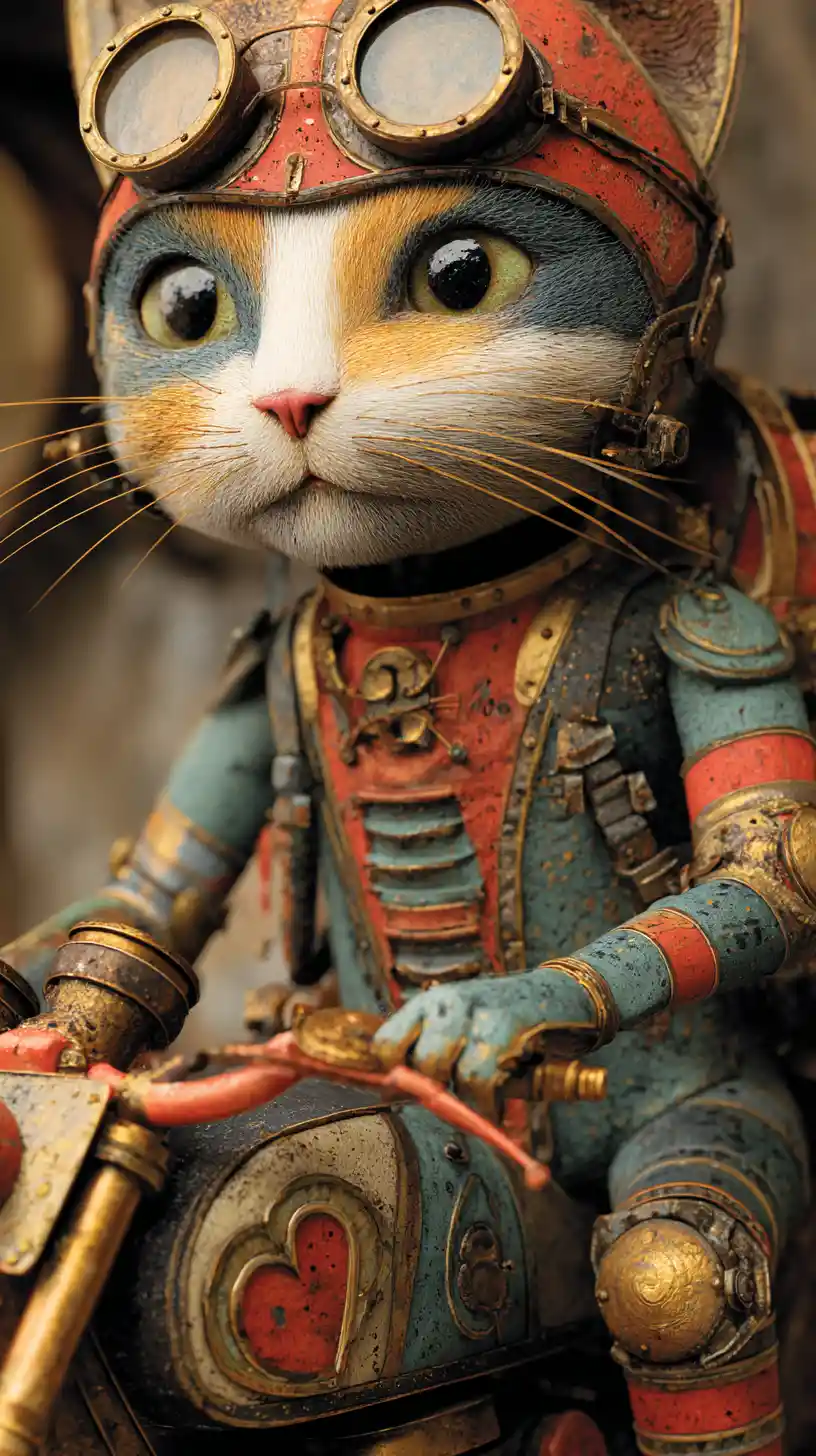 Whimsical fantasy cat riding a motorcycle collage