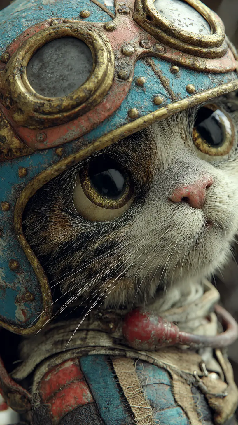 Fantasy cat riding a motorcycle in hyperreal collage