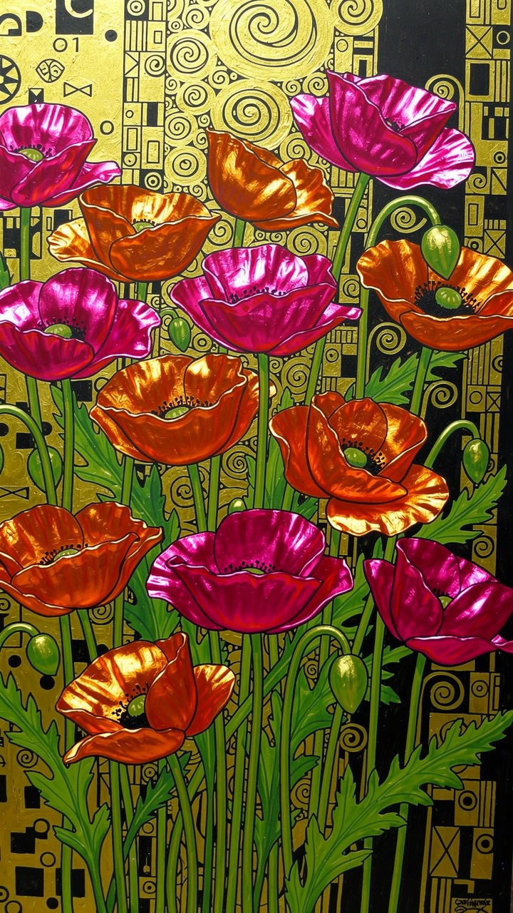 Metallic poppy flowers in bold abstract color palette