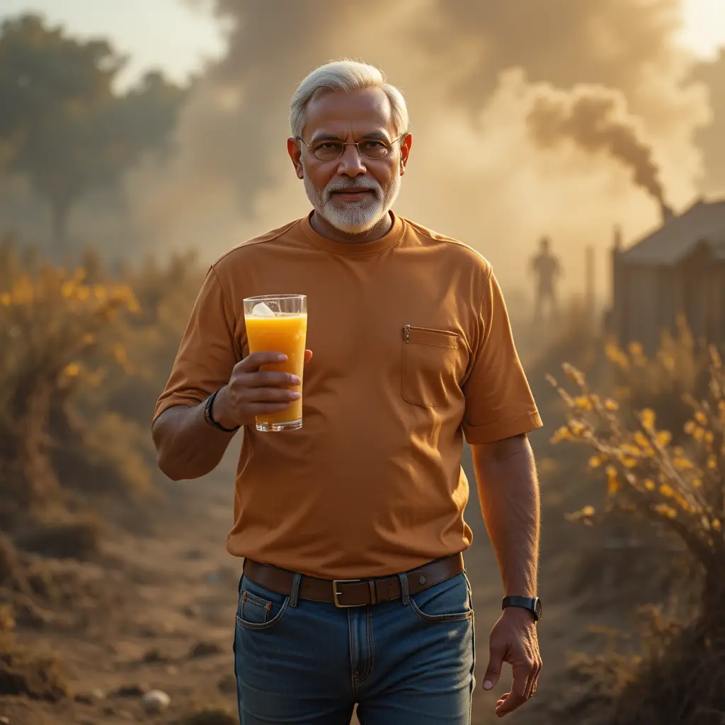 Confident man with sugarcane juice in rural farmland path