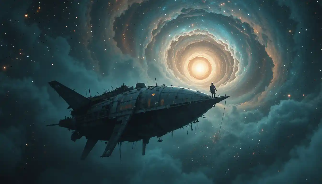 Lone astronaut drifting beside a derelict ship in space