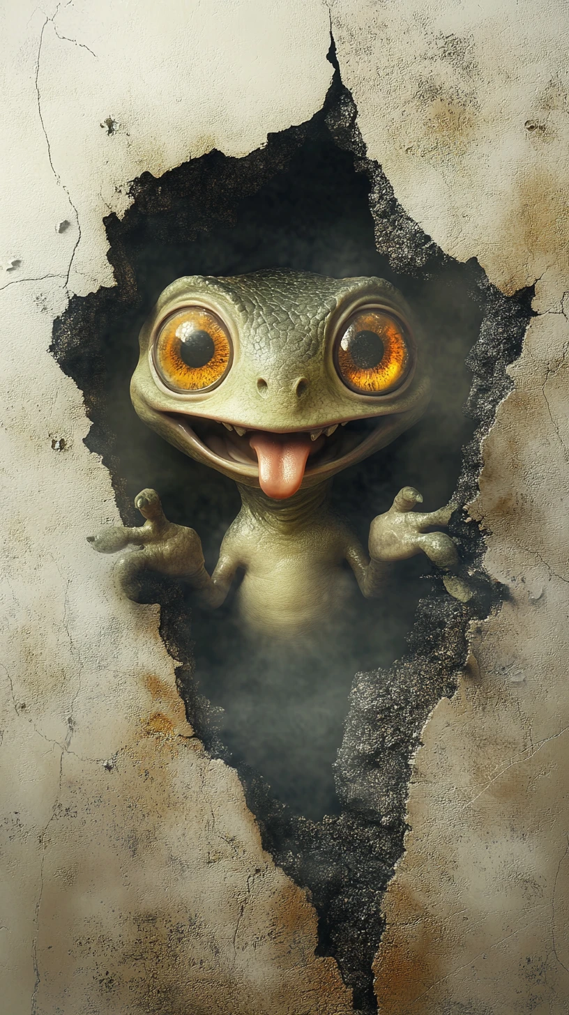 Playful alien peeking through a cracked textured wall