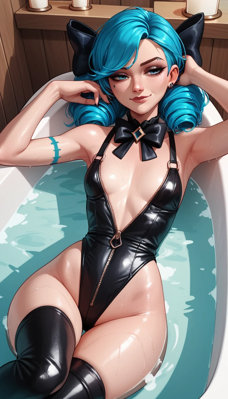 Blue haired anime girl relaxing in a steamy bathtub