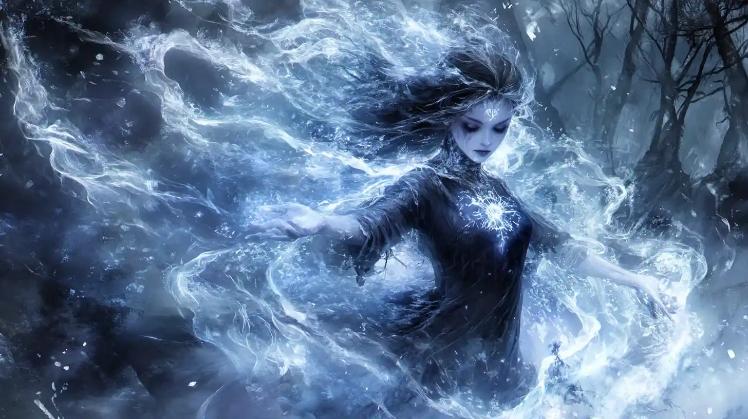 Dark sorceress dancing in a frozen cursed forest