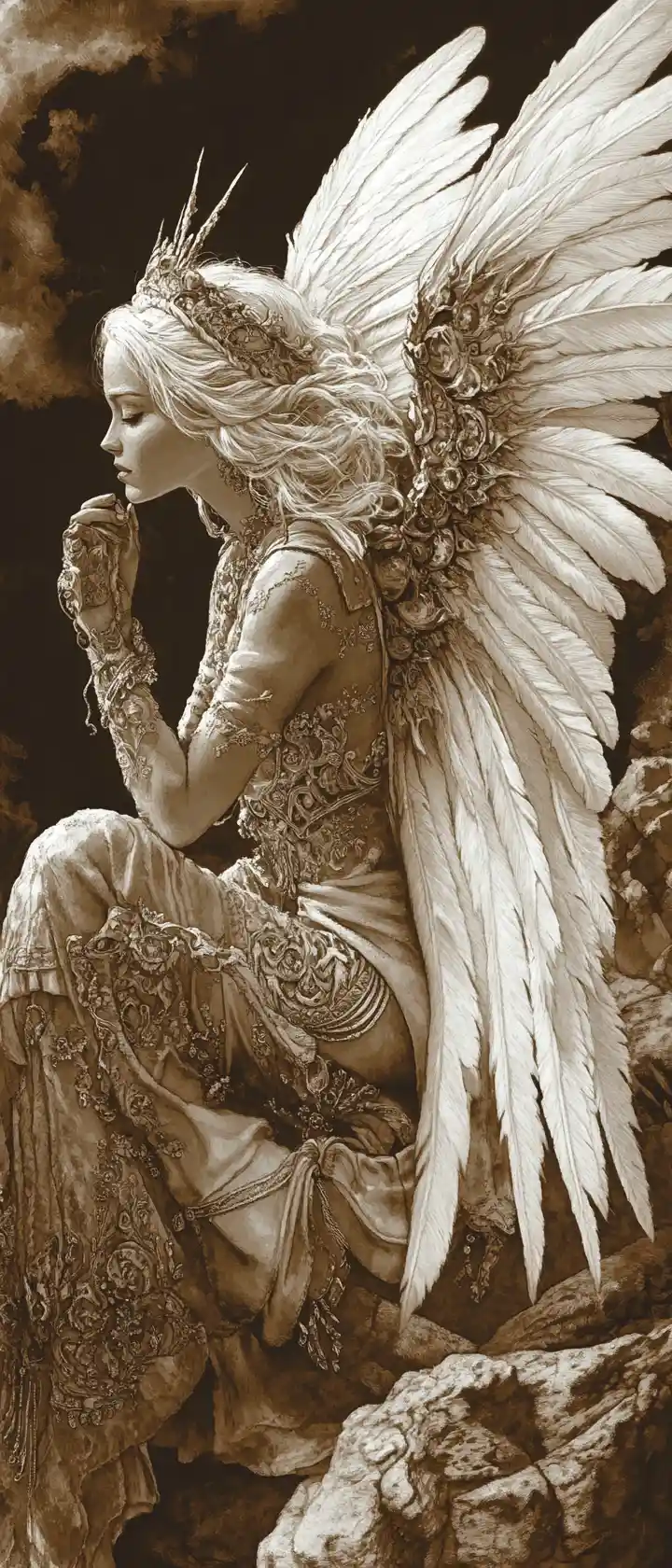Angel with white hair on a celestial mount olympus cliff