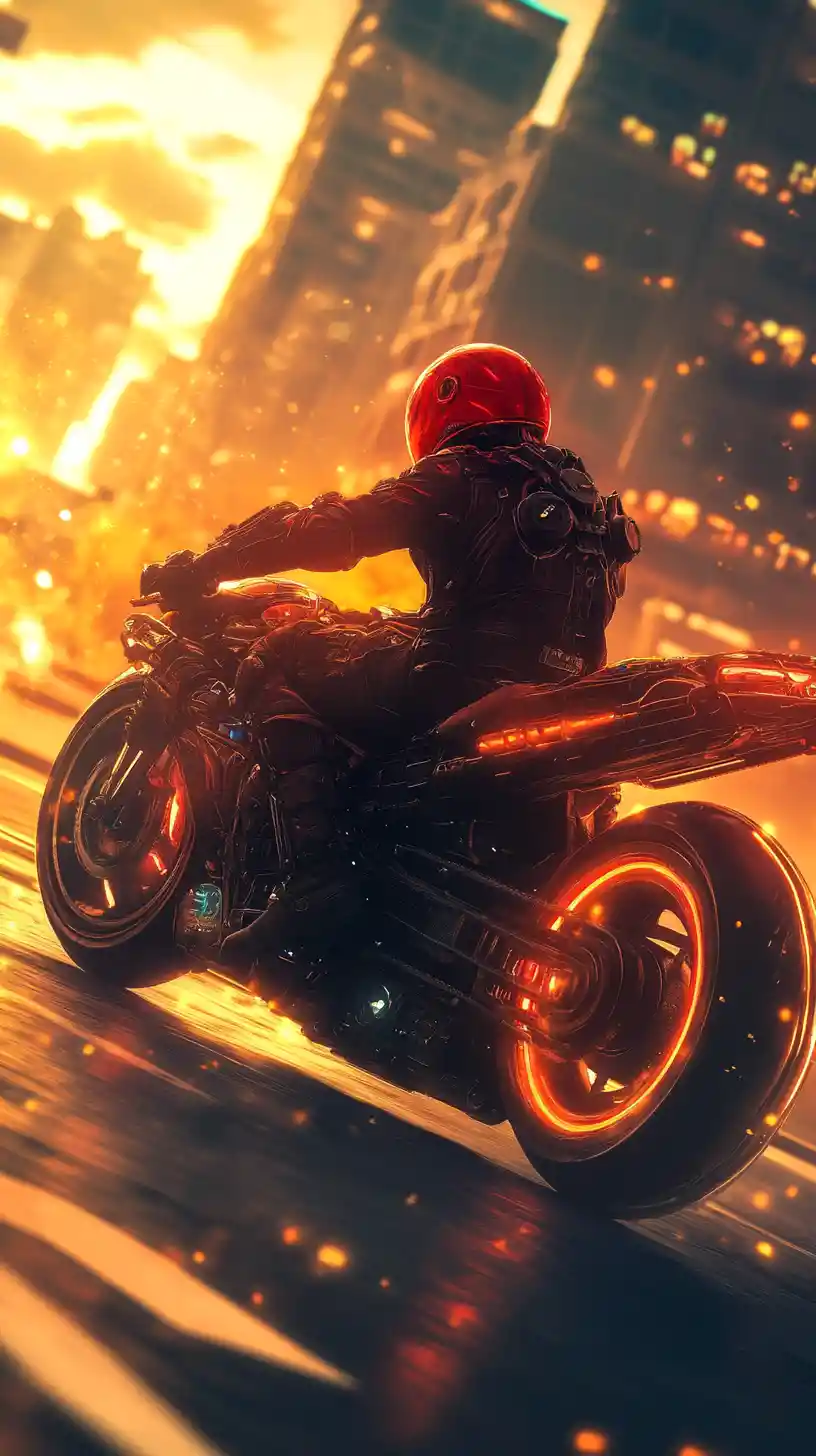 Hombre conduciendo motocicleta naranja con arma futurista al atardecer