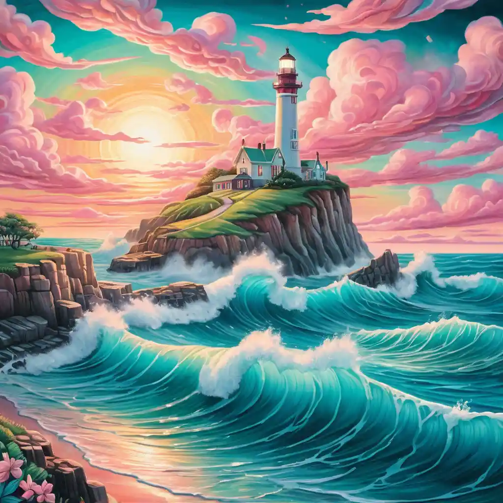 Surreal sunrise lighthouse above teal ocean waves