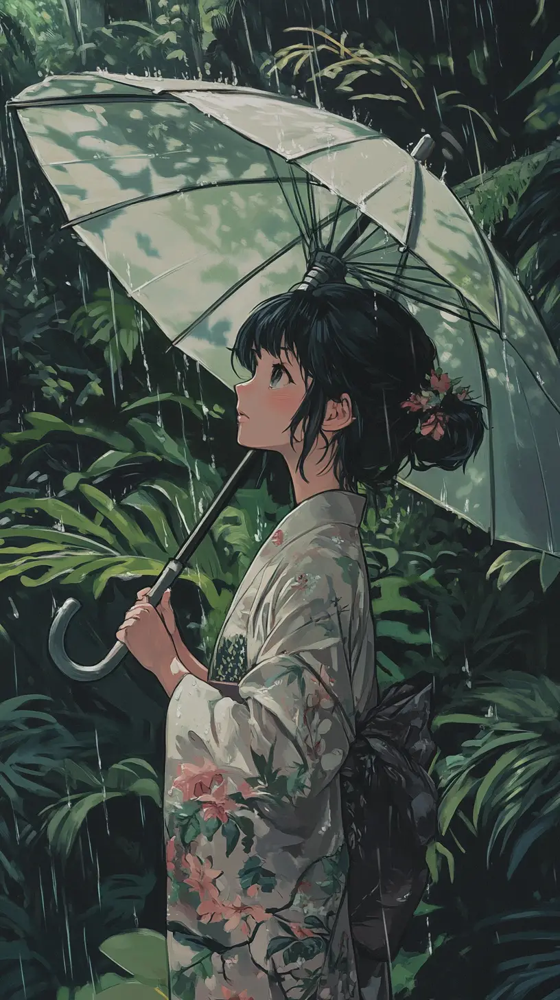 Anime girl with umbrella in rainy tropical forest