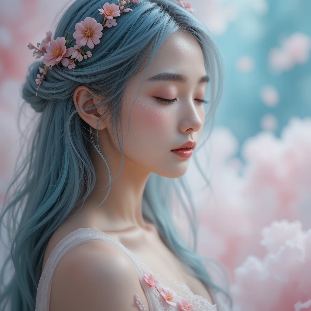 푸른 실버 헤어를 한 젊은 여성의 몽환적인 초상