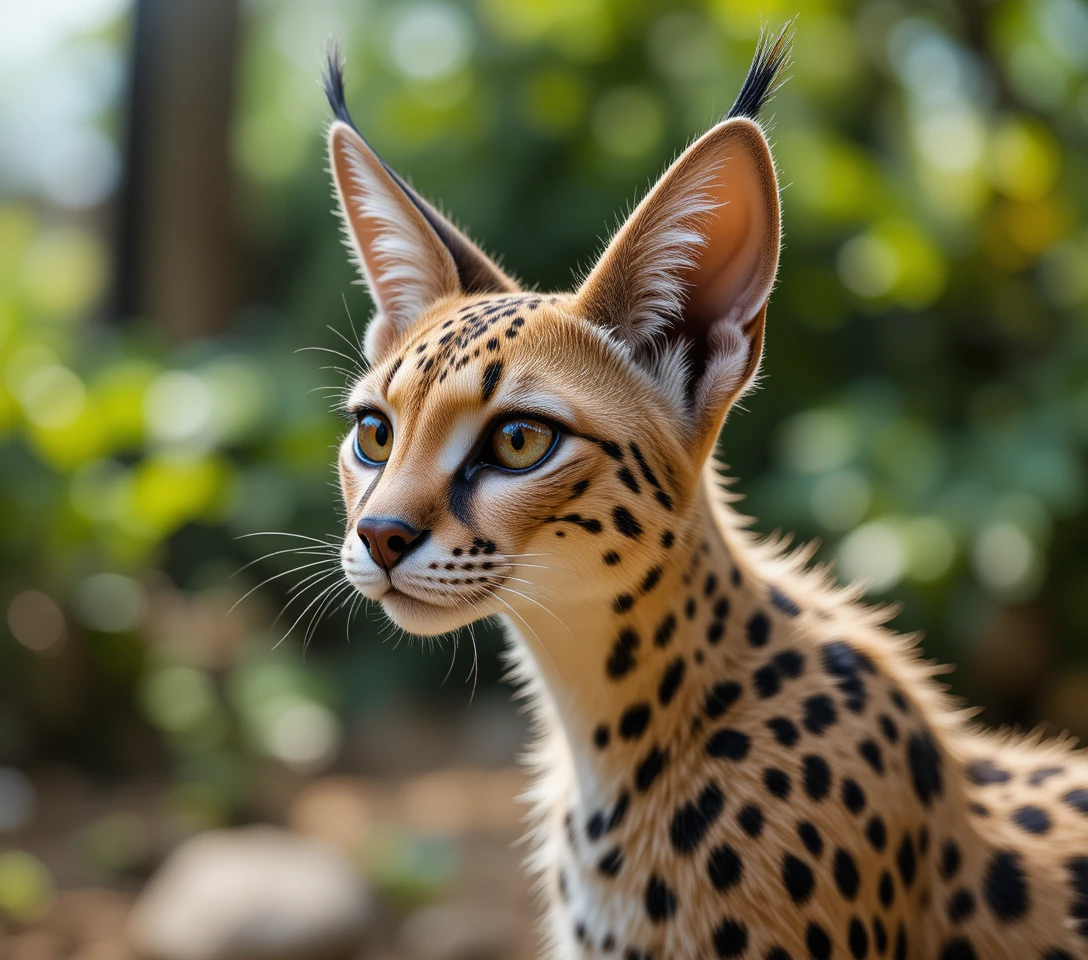 Curious serval close up with focused amber eyes