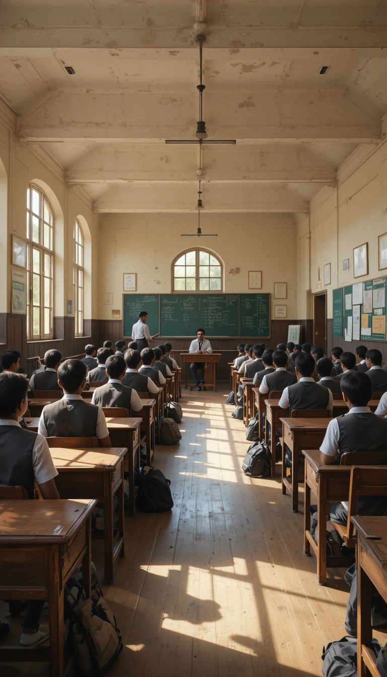 Indisches Klassenzimmer mit Schülern an Holzbänken