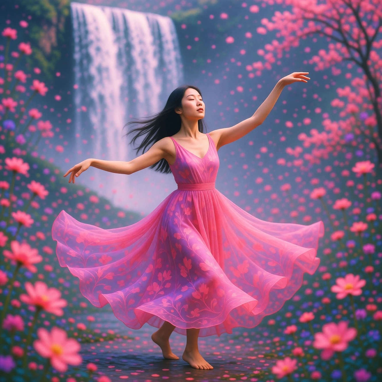 Asiatische Frau tanzt in einer traumhaften Blumen-Wasserfall-Szene