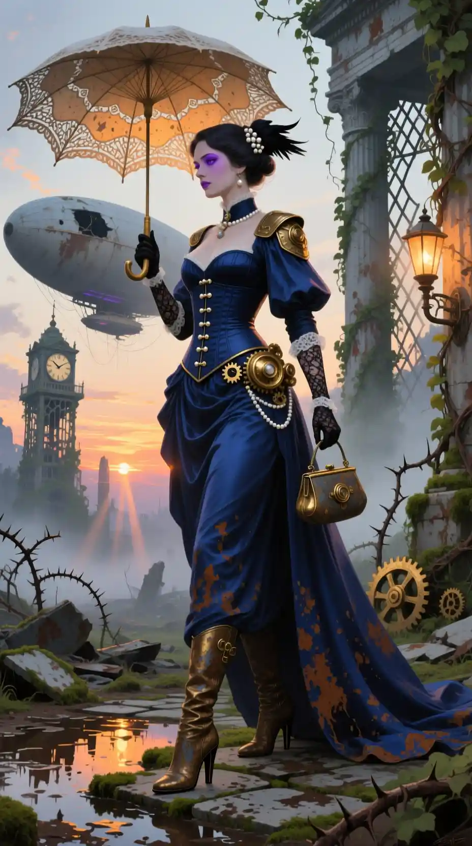 Elegante donna con i tacchi esplora un cortile neoclassico in rovina