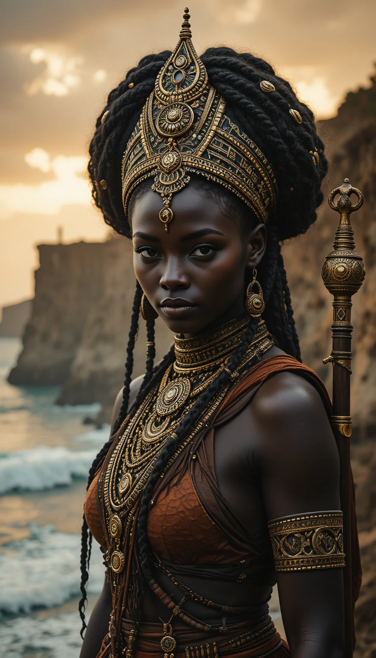Cinematic portrait of an African warrior queen by the ocean