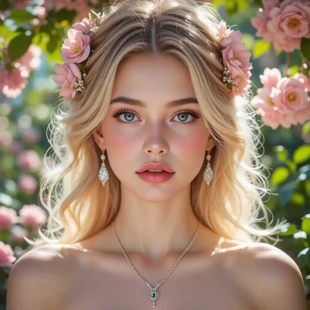 Romantic close up portrait of a blonde girl in garden