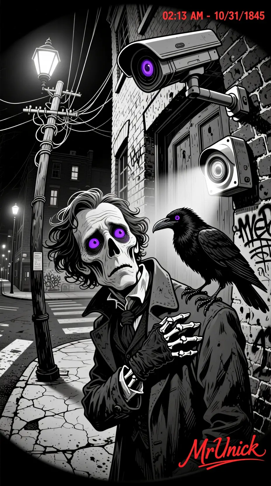 Surreal black and white man on eerie city street