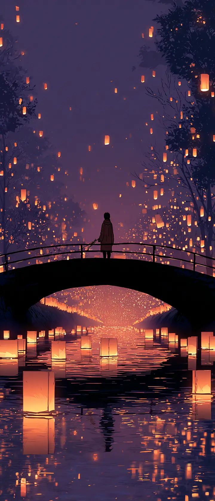 Girl releasing a paper lantern on a twilight bridge