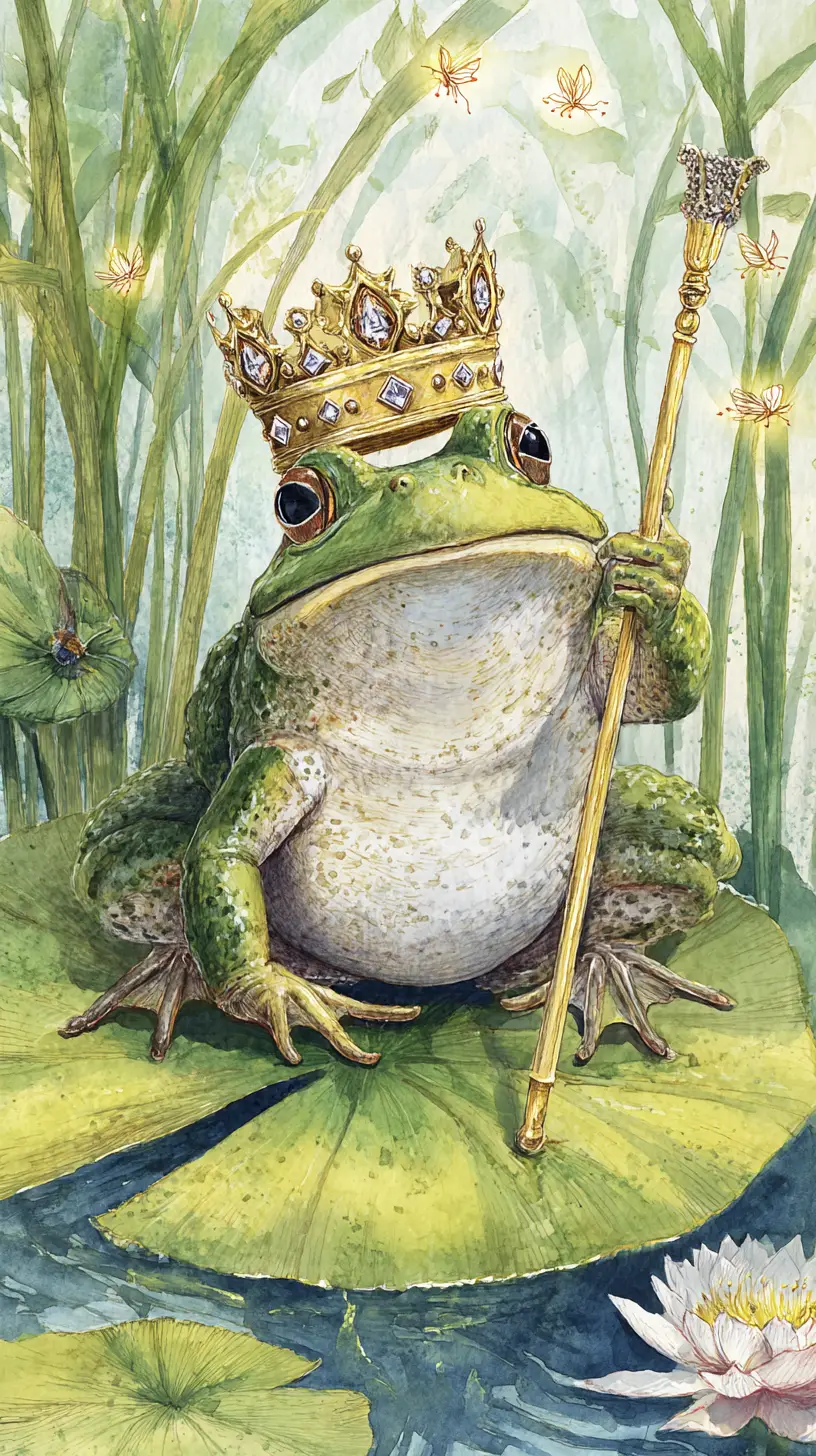 Frog prince on a lily throne in a whimsical pond