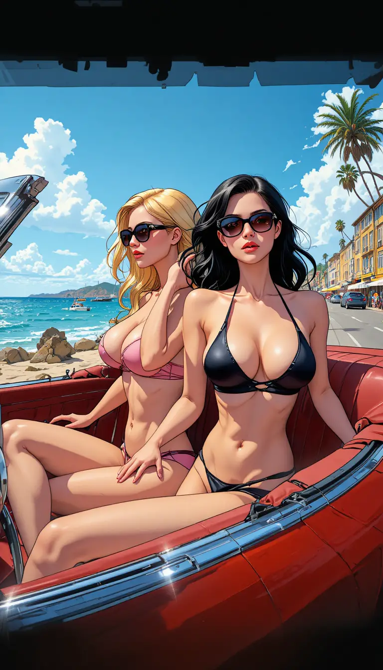 Two stylish women in a convertible on a coastal road