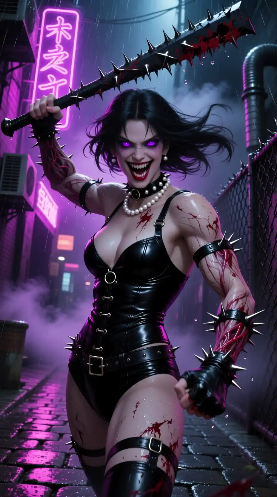 Ferocious dominatrix swinging bat in neon soaked alley
