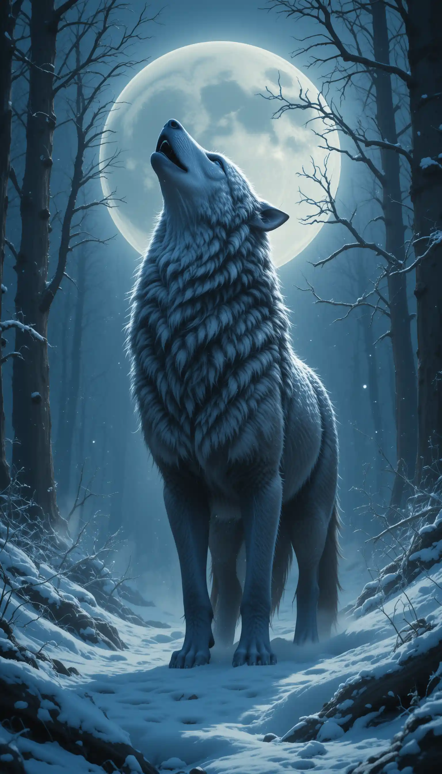 Grauer Wolf heulend in einem verschneiten Zwielichtwald