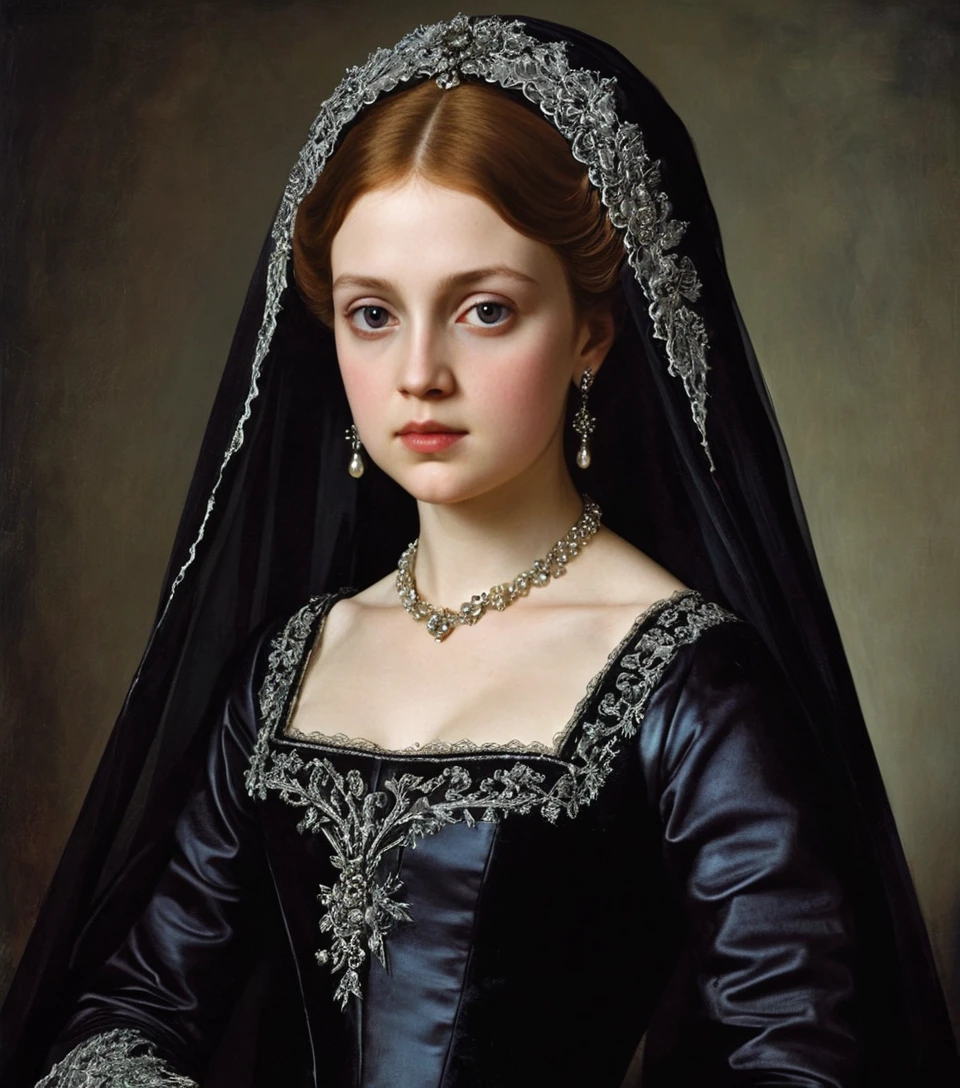 Veiled duchess in black renaissance gown with silver embroidery