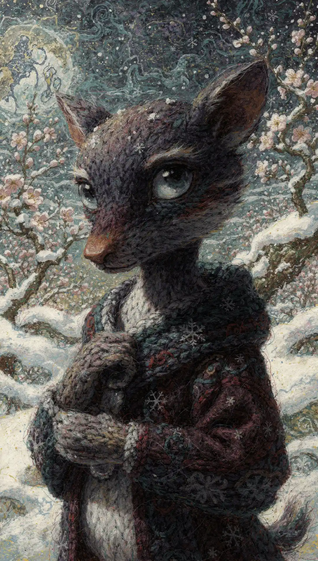 Melancholic anthropomorphic portrait in a fantasy snow landscape