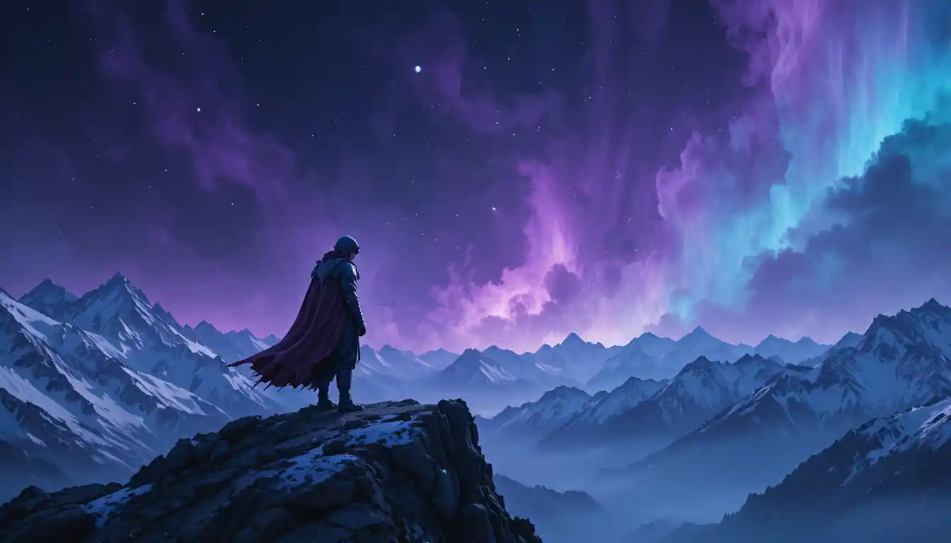 Armored warrior on cliff under neon glowing night sky