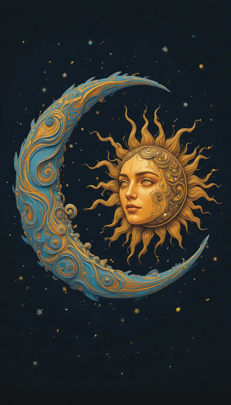 Luna creciente y sol estilizados en un cielo nocturno estrellado