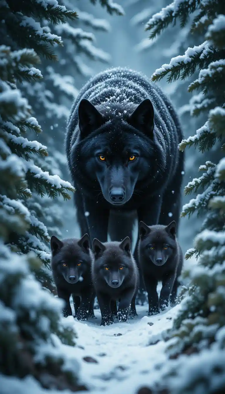 Protective black wolf guarding tiny pups in snowy forest
